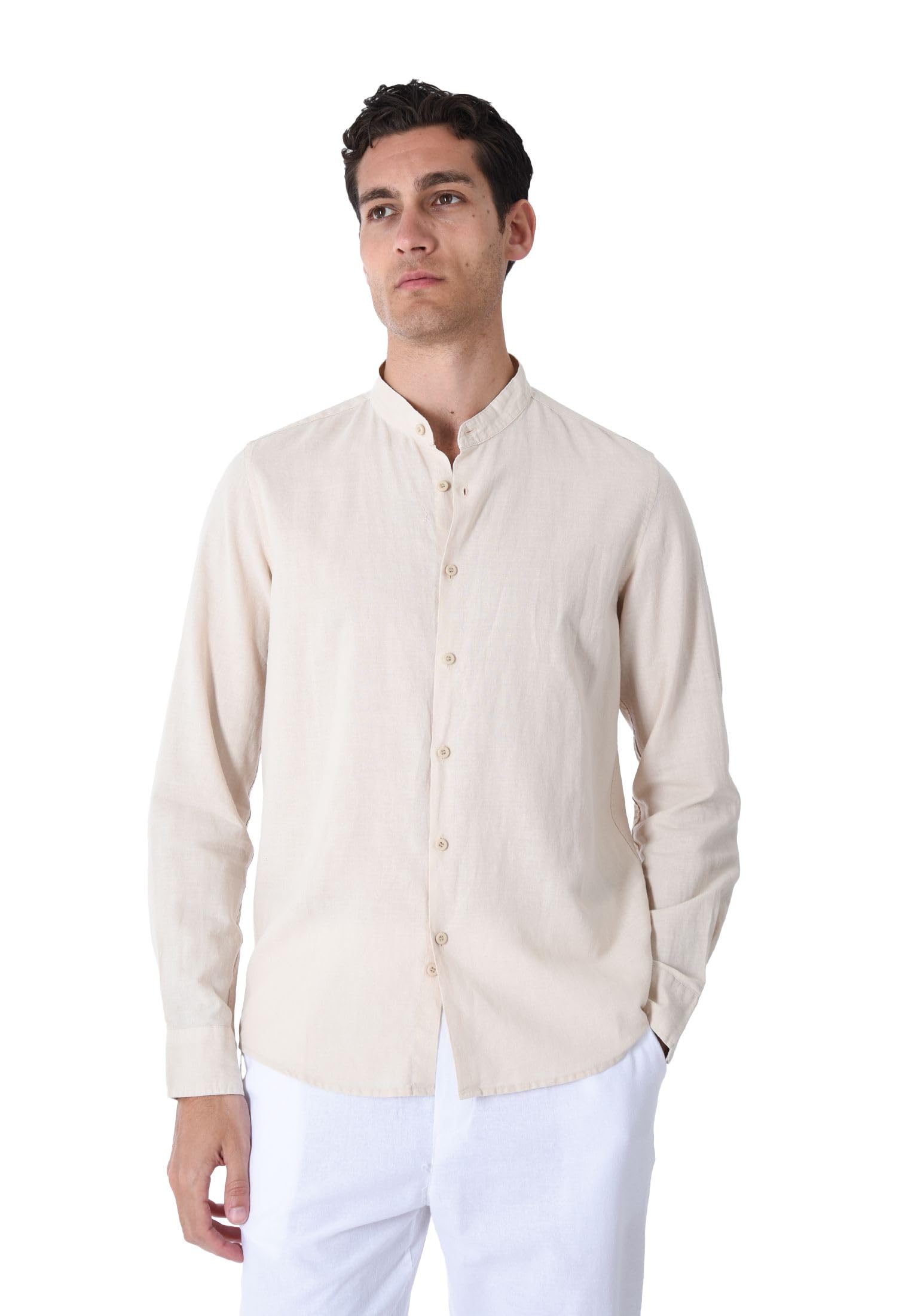 Camisa de hombre 100% lino cuello coreano blanco azul beige celeste negro rosa verde manga larga verano Slim Fit Serafino Sartorial Mangas revolables beige M