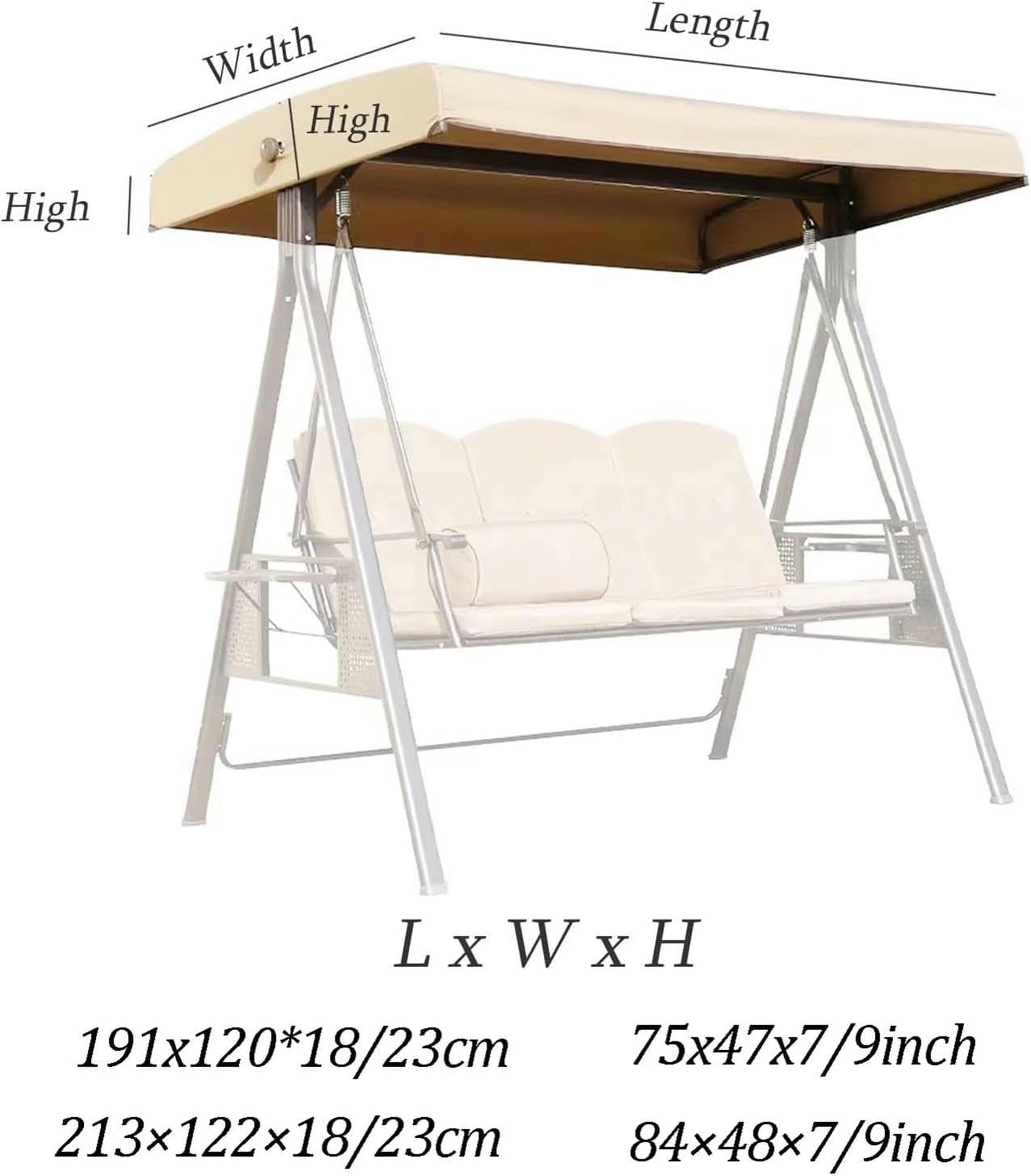 Housse de Balançoire de Jardin,Toile de Rechange pour Balancelle 2 3 Places,Imperméable & Anti UV et Pluie Toit de Balancelle pour Jardins Terrasse,191 * 120 * 18/23cm