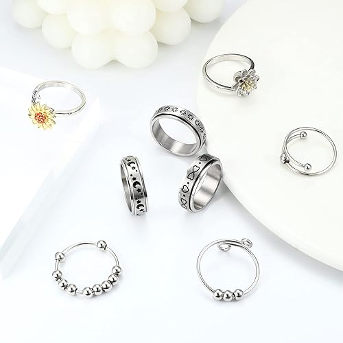 Miniatura 2 de UBGICIG 8 anillos de ansiedad para mujer, anillos giratorios para ansiedad, circonita cúbica, cuentas de girasol y loto, alivio del estrés, juego de