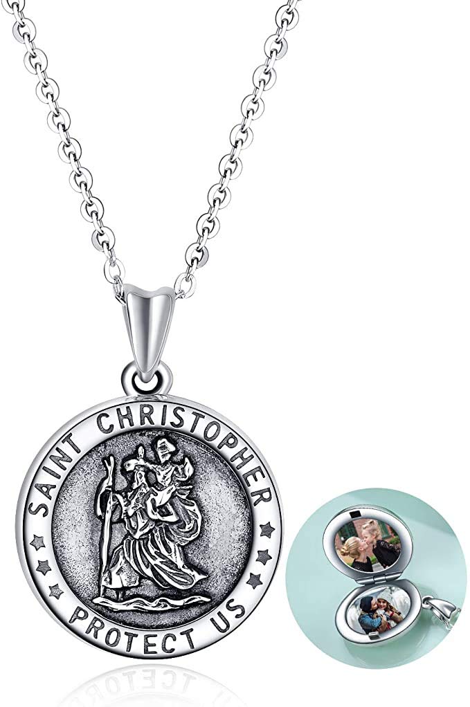 POPLYKE Sterling Silver Saint Christopher Necklace/Locket Necklace that Holds Pictures for Women Mom Daughter Birthday Gifts