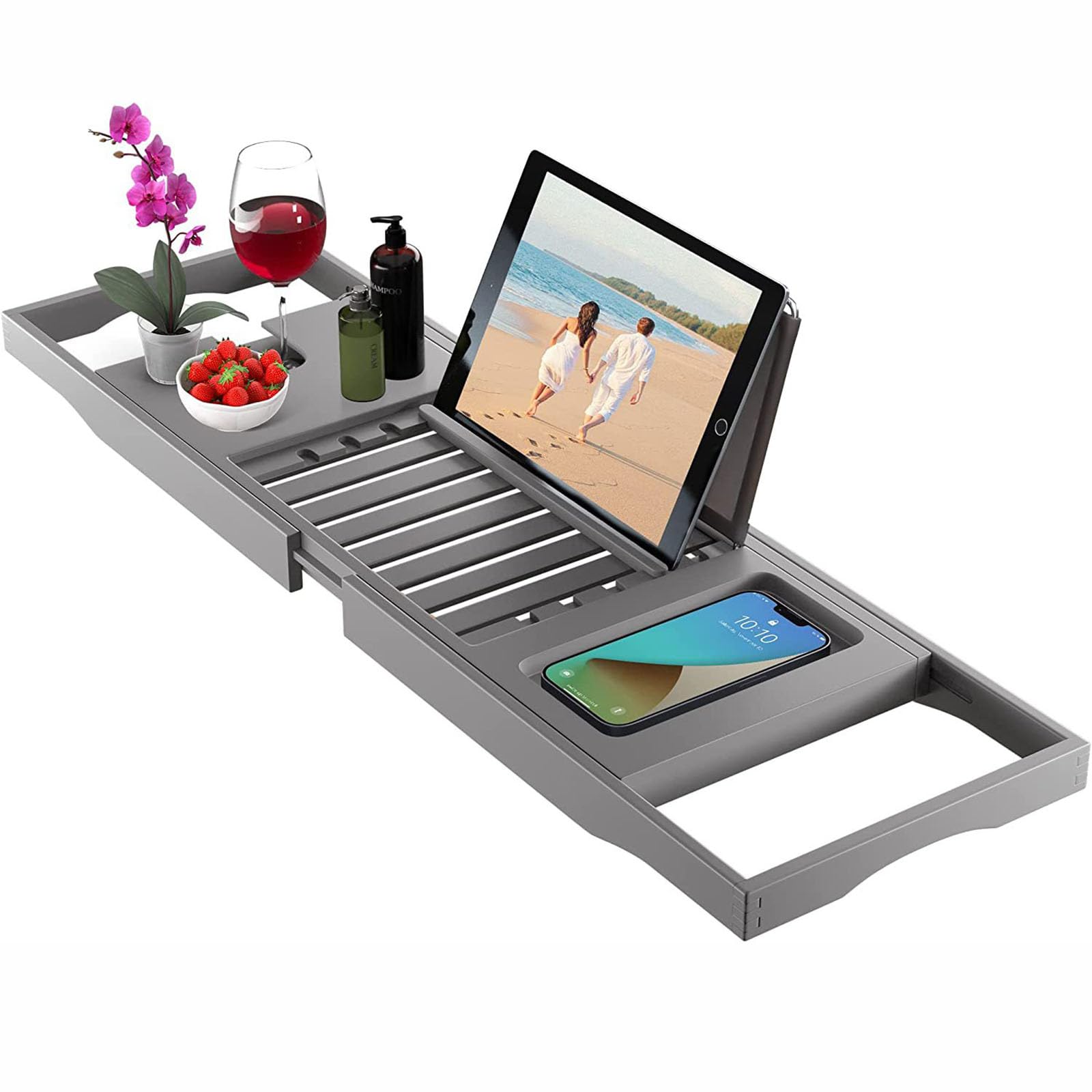 Tablett Badewannentablett Badewannenablage Mit Erweiterbaren Griffen Weinglas Telefonhalter Bücherständer Für Badezimmer Luxus Spa Aus Holz (Grau)