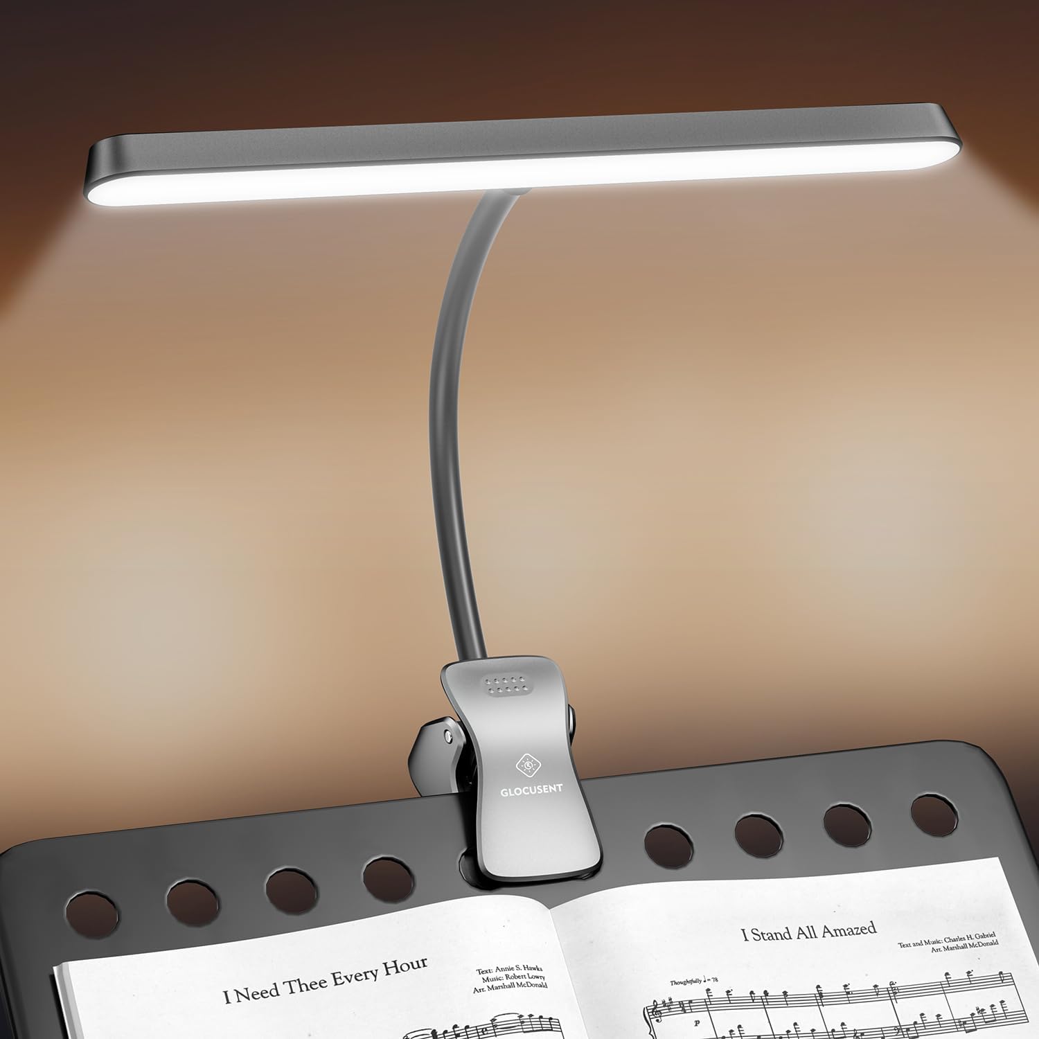 Glocusent 57 LED Super Bright Music Stand Light, Eye Caring Clip-on Piano Light, 3 Color & 5 Brightness, USB-C Rechargeable, Long Lasting up to 140 Hrs, Perfect for The Piano, Sheet Music Gray