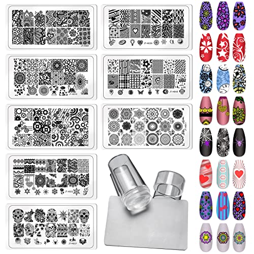 Loveourhome Nail Stamping Kit 8Pc Lace Flower Heart Skull Nails Stamps Plate Template Stencil With Clear Silicone Stamper Scraper Manicure French Design Tools #TOP6