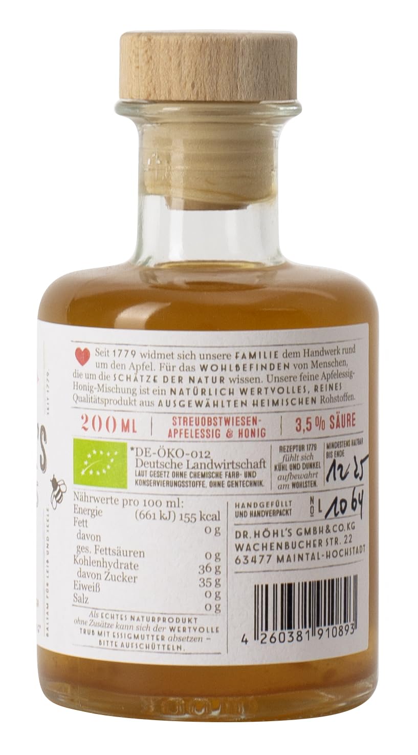 Vinagre de manzana ecológico con miel, paquete de 6 unidades: suave y natural, con madre de vinagre y miel ecológica. REZEPTUR 1779 de DR. HÖHL’S. Producto artesanal elaborado con manzanas alemanes.