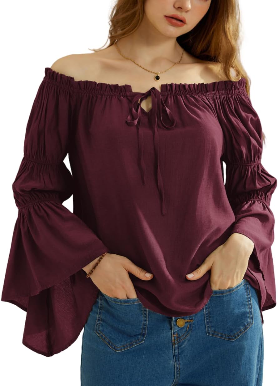 Scarlet Darkness Women Renaissance Shirt Off Shoulder Bell Sleeve Ruffle Casual Loose Peasant Tops