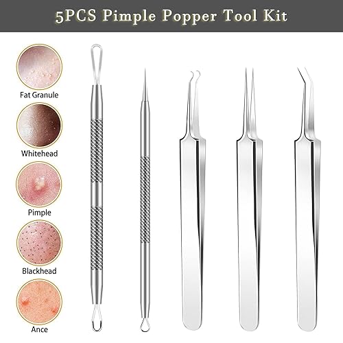 Miniatura 3 de Kit de herramientas para reventar espinillas, herramientas para eliminar puntos negros, 5 pinzas profesionales de acero inoxidable, extractor de