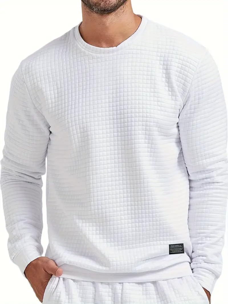 KAJARU Quilted Pattern Long Sleeve Sweatshirt, Round Neck, Men's Casual Pullover, Grey, Black, Beige