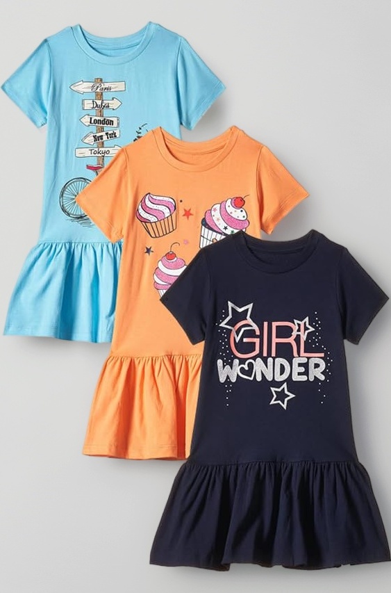 T2F Girls Cotton Printed Knee-Length Casual Dress(Pack of 3)