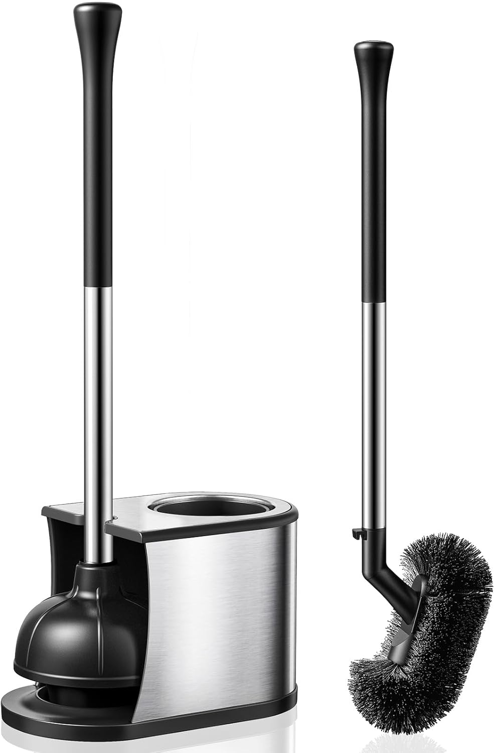 Product image of HAMITOR Toilet Plunger and Brush Set: 2 in 1 Stainless Steel Rustproof Combo with Deep Cleaning Curved Bristles - Heavy Duty Toilet Unclogging for Family Bathroom - Compact Apartment Accessories
