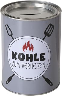 ReWu Spardose Sparschwein mit Schriftzug Kohle zum Verheizen - Deckel Abnehmbar - Grau Wiederverwendbar Metall Sparbüchse Geldgeschenk Geschenkidee Geldspardose Metallspardose 14 x 10 cm