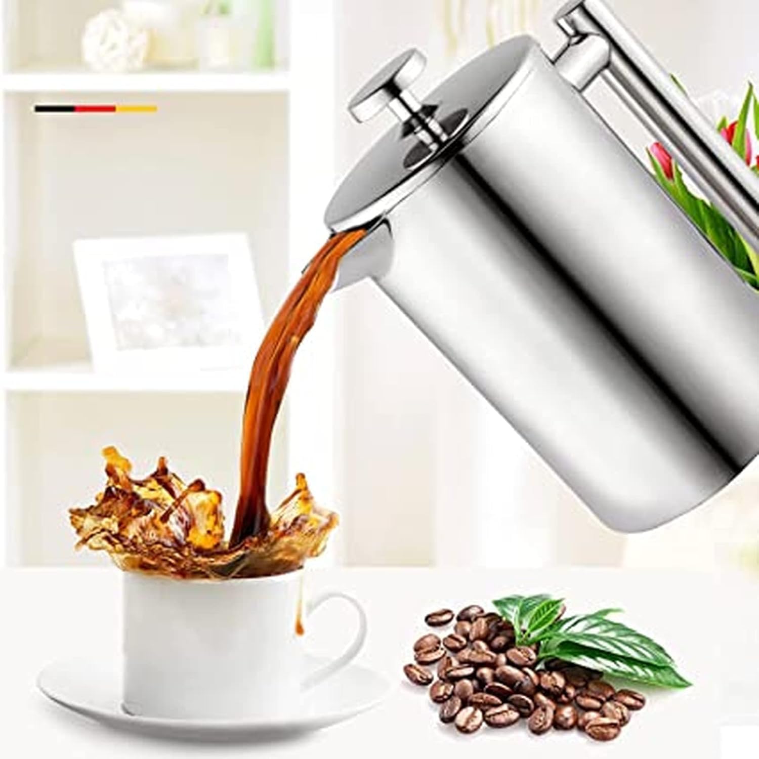 French Press - Caffettiera da 1,5 litri, in acciaio inox, a doppia parete, isolata, con 3 filtri extra (argento, 1500 ml, 6-8 tazze)
