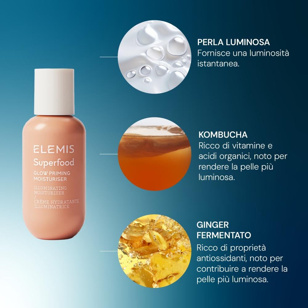 ELEMIS Superfood Glow Priming, Crema Viso Colorata Illuminante 60ml | Crema idratante colorata clinicamente testata con kombucha e microminerali che leviga e illumina l’incarnato