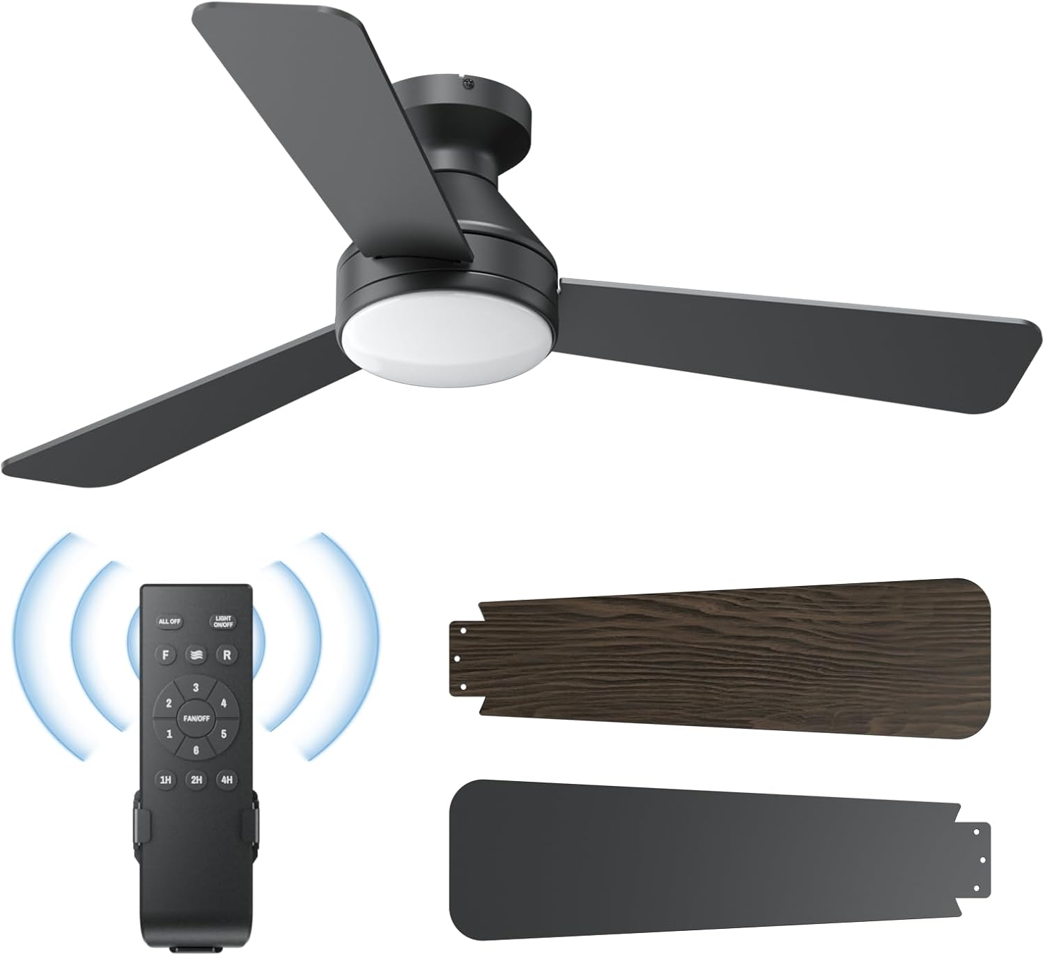 Ceiling Fans with Lights, 42 Inch Ceiling Fan with Light And Remote, 3CCT Flush Moun Low Profile Ceiling Fans, 6 Speed Noiseless LED Ceiling Fan, Black Ceilings Fan with Remote for Bedroom Living Room Black 42 inch