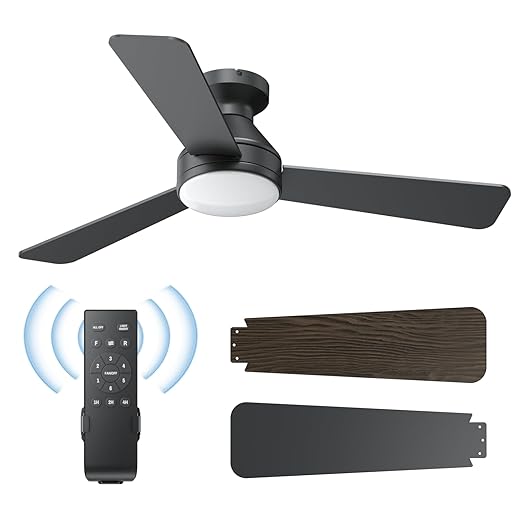 Ceiling Fans with Lights, 42 Inch Ceiling Fan with Light And Remote, 3CCT Flush Moun Low Profile Ceiling Fans, 6 Speed Noiseless LED Ceiling Fan, Black Ceilings Fan with Remote for Bedroom Living Room