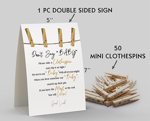 Miniatura 2 de Cartel de "Don't Say Baby Show", juego de pinzas para ropa de baby shower, incluye un letrero de pie de 5 x 7 pulgadas y 50 mini pinzas naturales