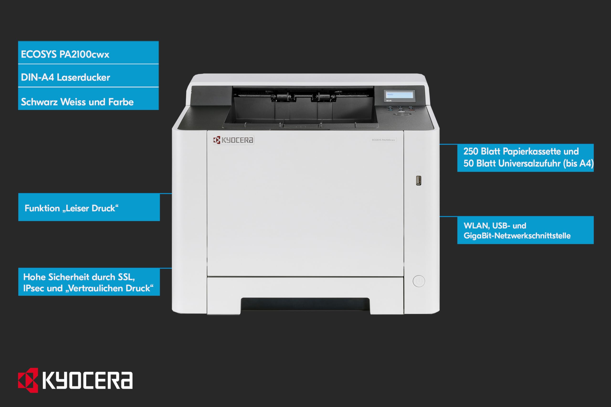Kyocera Ecosys PA2100cwx kolorowa drukarka laserowa kolorowa 21 stron na minutę. Bezprzewodowa drukarka laserowa z obsługą druku mobilnego
