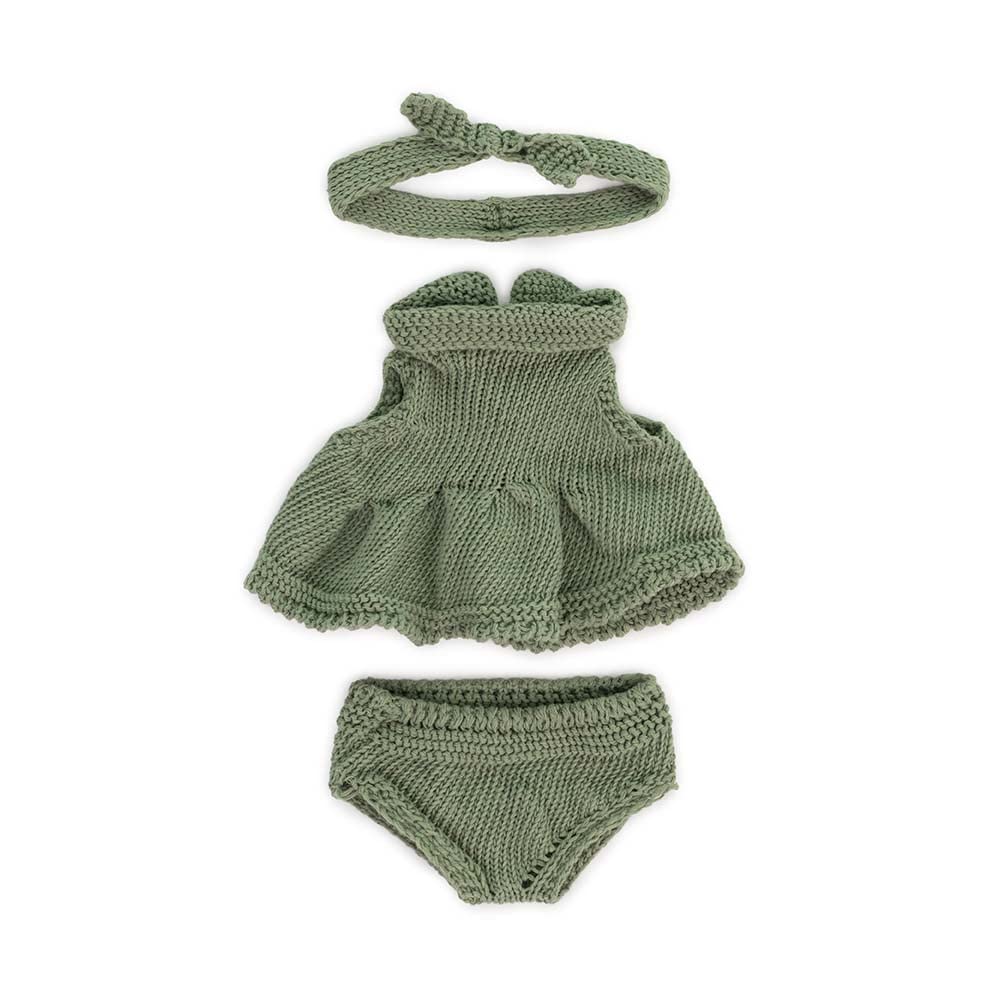 Miniland Dolls: set di vestiti a maglia, realizzato con materiali riciclati, per bambolina bambino da 21 cm. Modello: Vestito e fascia in verde, 31683