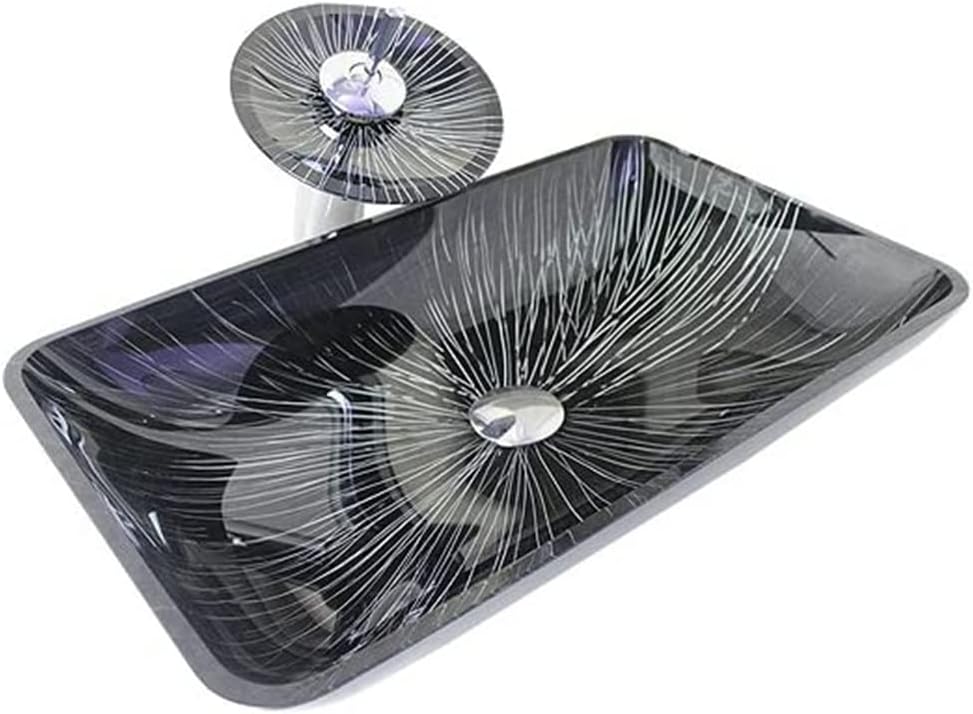 HomeLava Polished Tempered Glass Rectangle Bathroom Wash Basin Sink with Waterfall Faucet Set