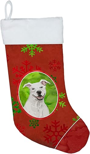 Caroline's Treasures CK3968CS Copos de nieve de Navidad blanco Staffordshire Bull Terrier Navidad calcetín de Navidad para chimenea, medias