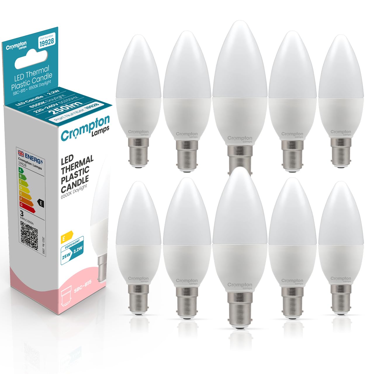 Crompton Lamps Candle LED B15 Bulb | 2.2W = 25W Equivalent | Daylight 6500K | Energy Efficient | Small Bayonet Lightbulb | Long Life 15,000-Hrs | Bulbs for Lamps | 10-Pack