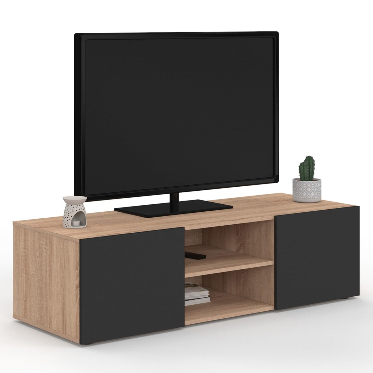 IDMarket - Meuble TV 113 cm ELI Bois façon hêtre Portes Noires