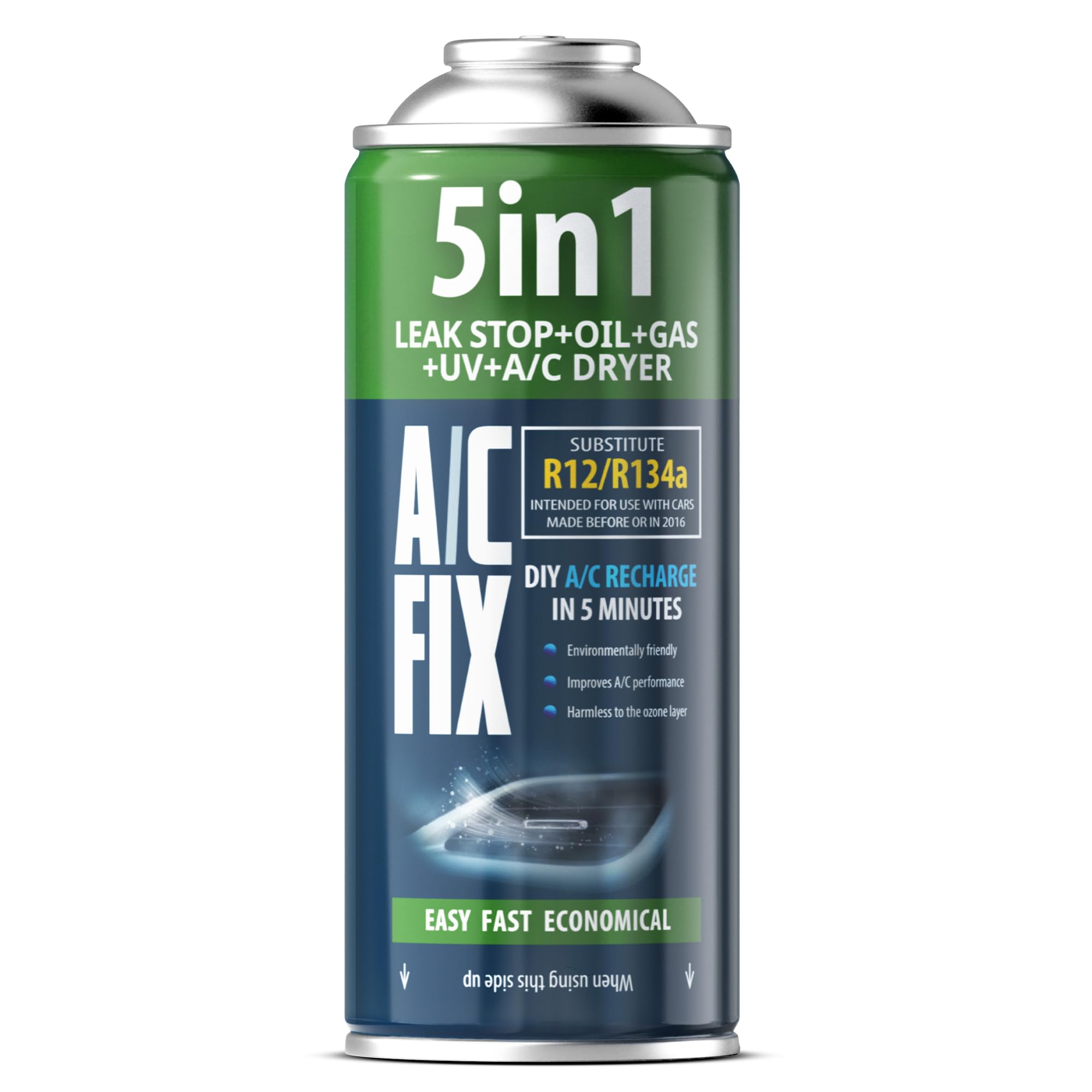AC FIX 5-in-1 – R134a + R134a XL + Tubo flessibile, 470 g Refrigerante per climatizzatori auto con olio, sigillante, colorante UV, essiccante – Protegge il compressore