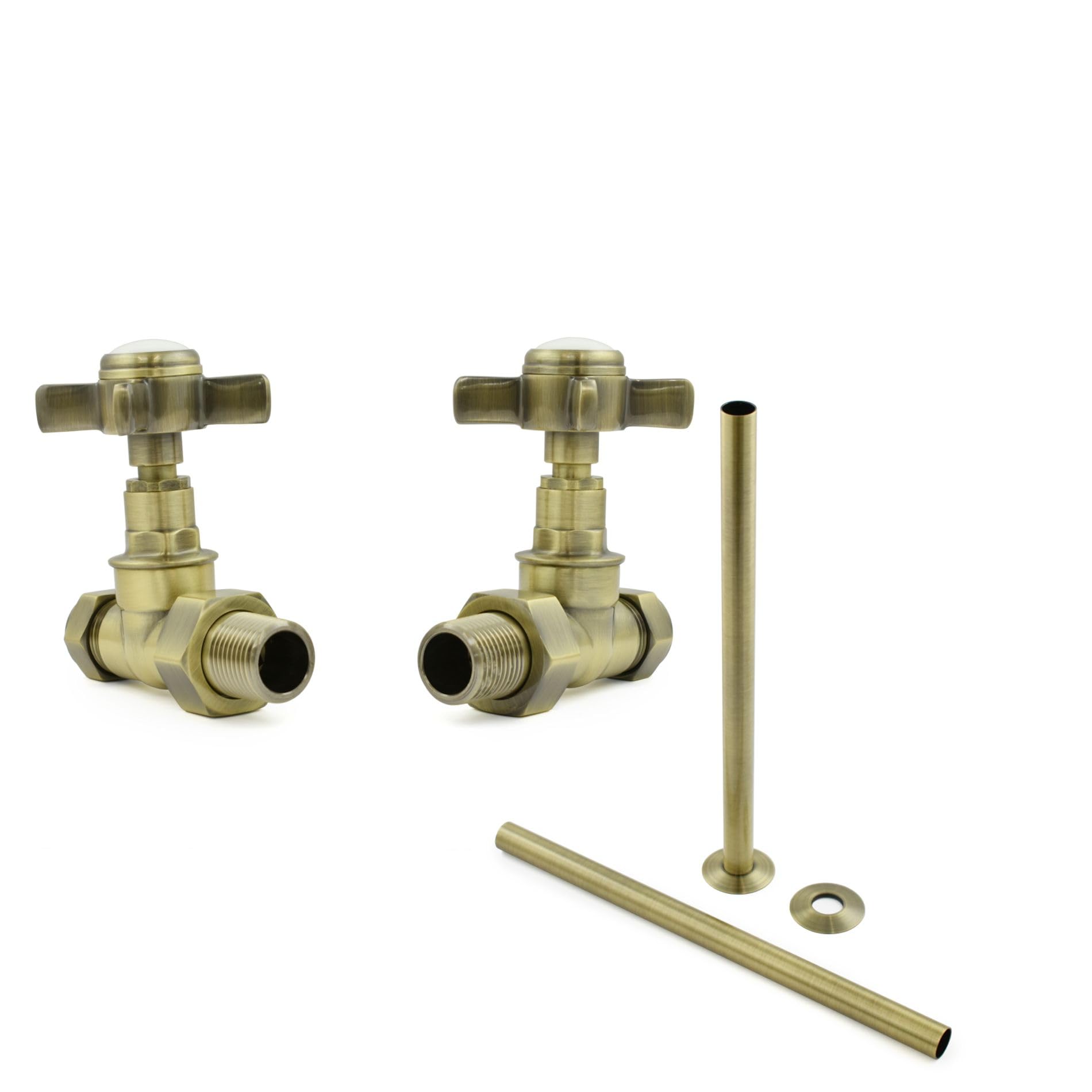 Hot Flow Antique Brass With Sleeve | Bayou Cross-Head Traditional Manual Straight Radiator Valves (Pair) (Antique Brass With Sleeve)
