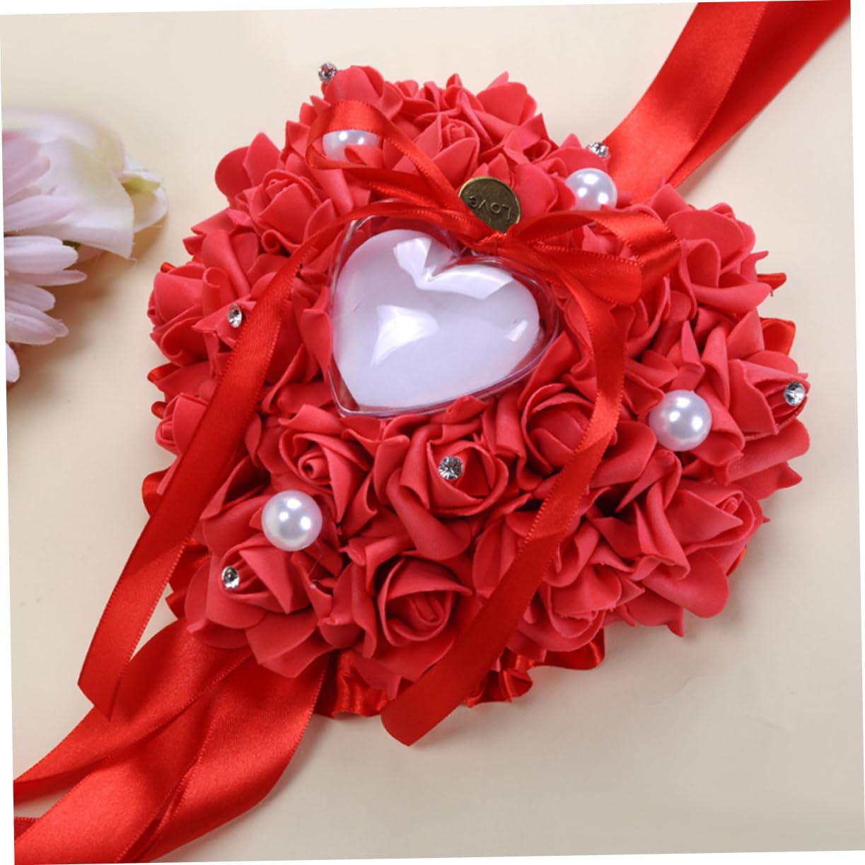 Ciieeo 3 Pièces Anneau Oreiller Porte Bague de cérémonie décorer Porte-Bague Cadeau Ribbon Rituals Faveur de Mariage en Forme de Coeur boîte de Bague réglage de la Bague la mariée Rouge