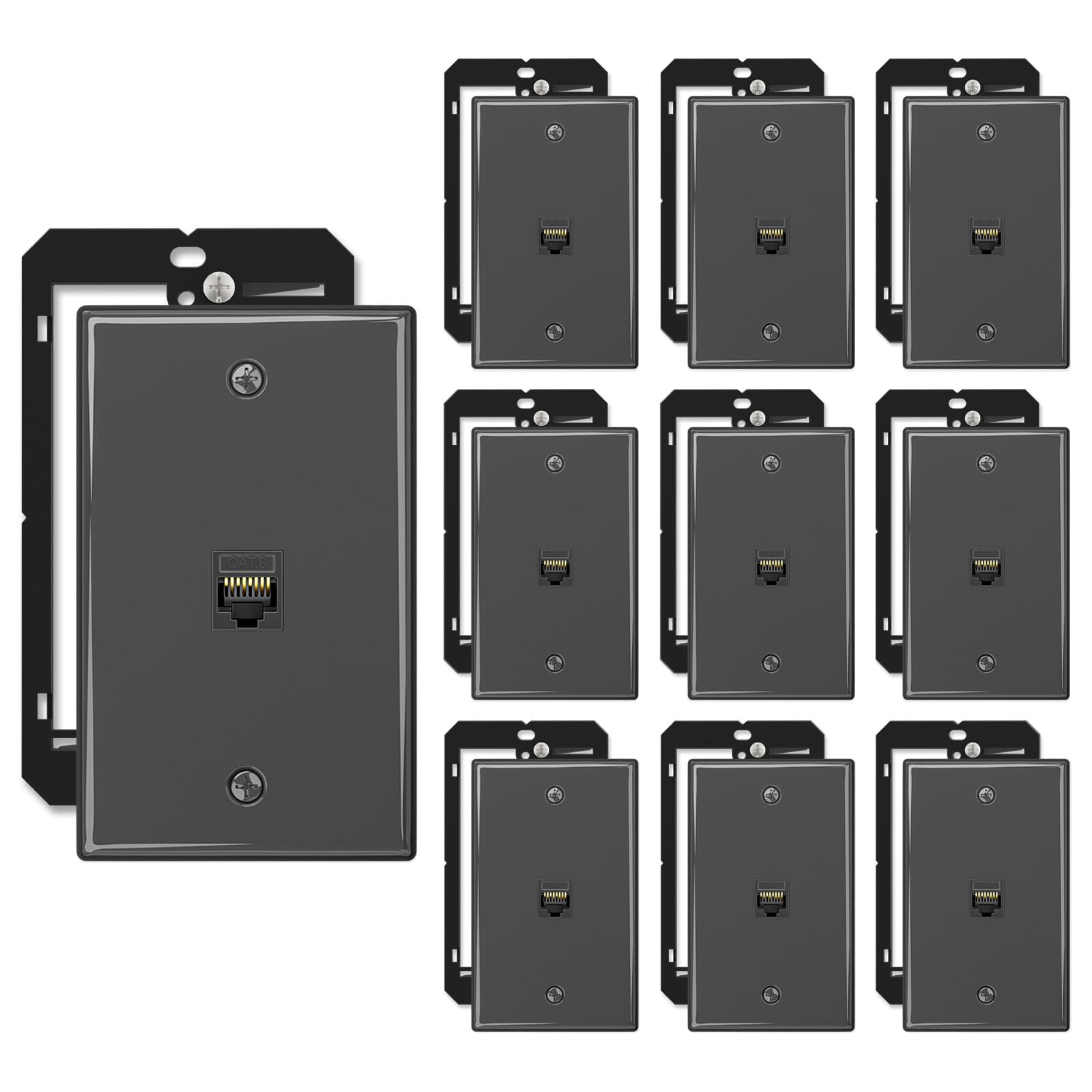 iwillink 10-Pack Cat6 Ethernet Wall Plate, 1-Port Keystone+Bracket, Black