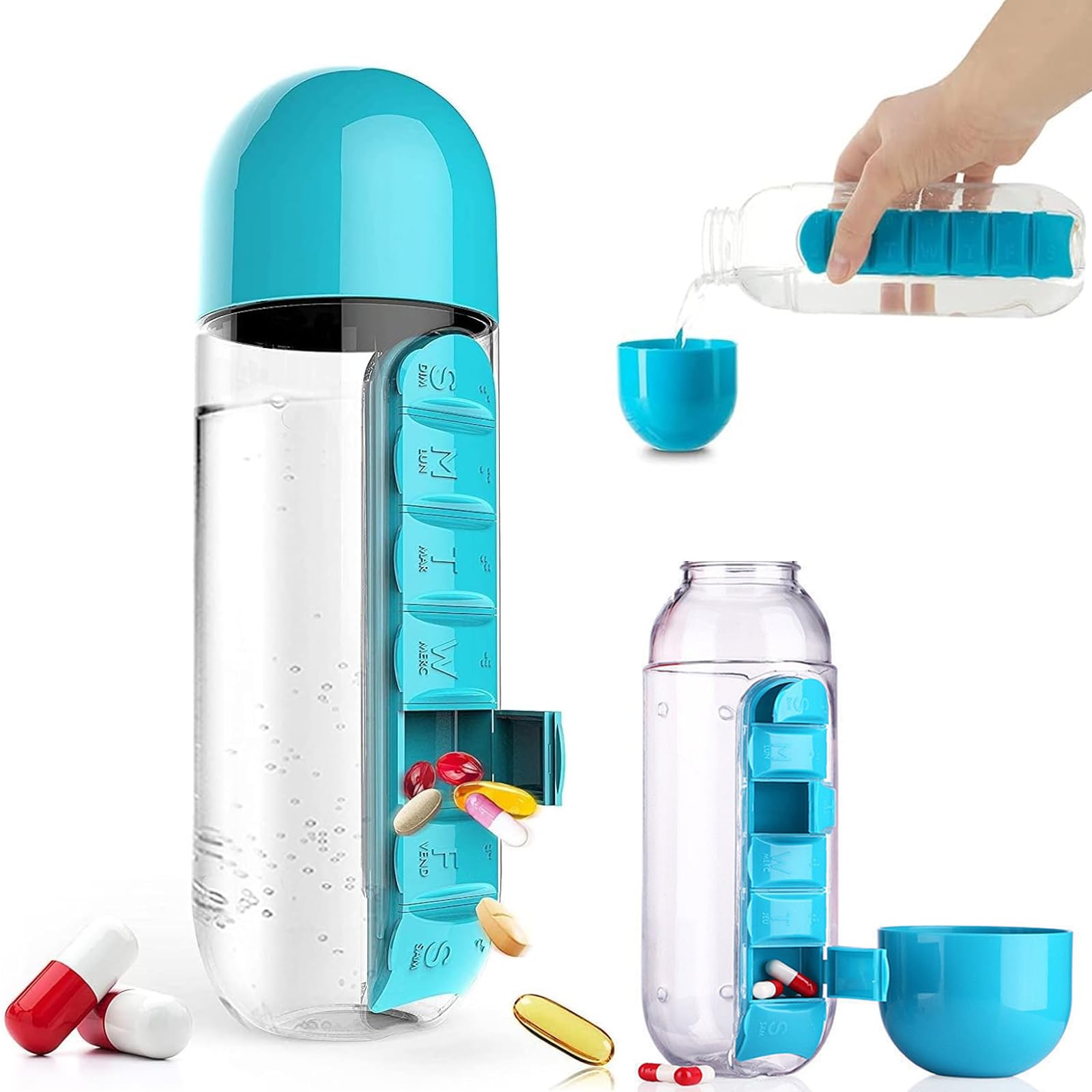2 in 1 Pill Box Cup Organizer With Water Bottle, 7 Day Medicine Storage Case, 600 ML Daily Medication Holder for Sport Travel