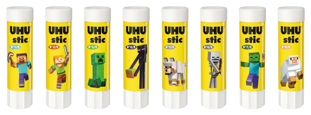 UHU Stic Minecraft Limited Edition Collezionabili, Colla Stick per la Scuola Adatta ai Bambini, Senza Solventi, Colla Sicura per i Lavoretti, Box Composta da 8 Stick da 8.2g