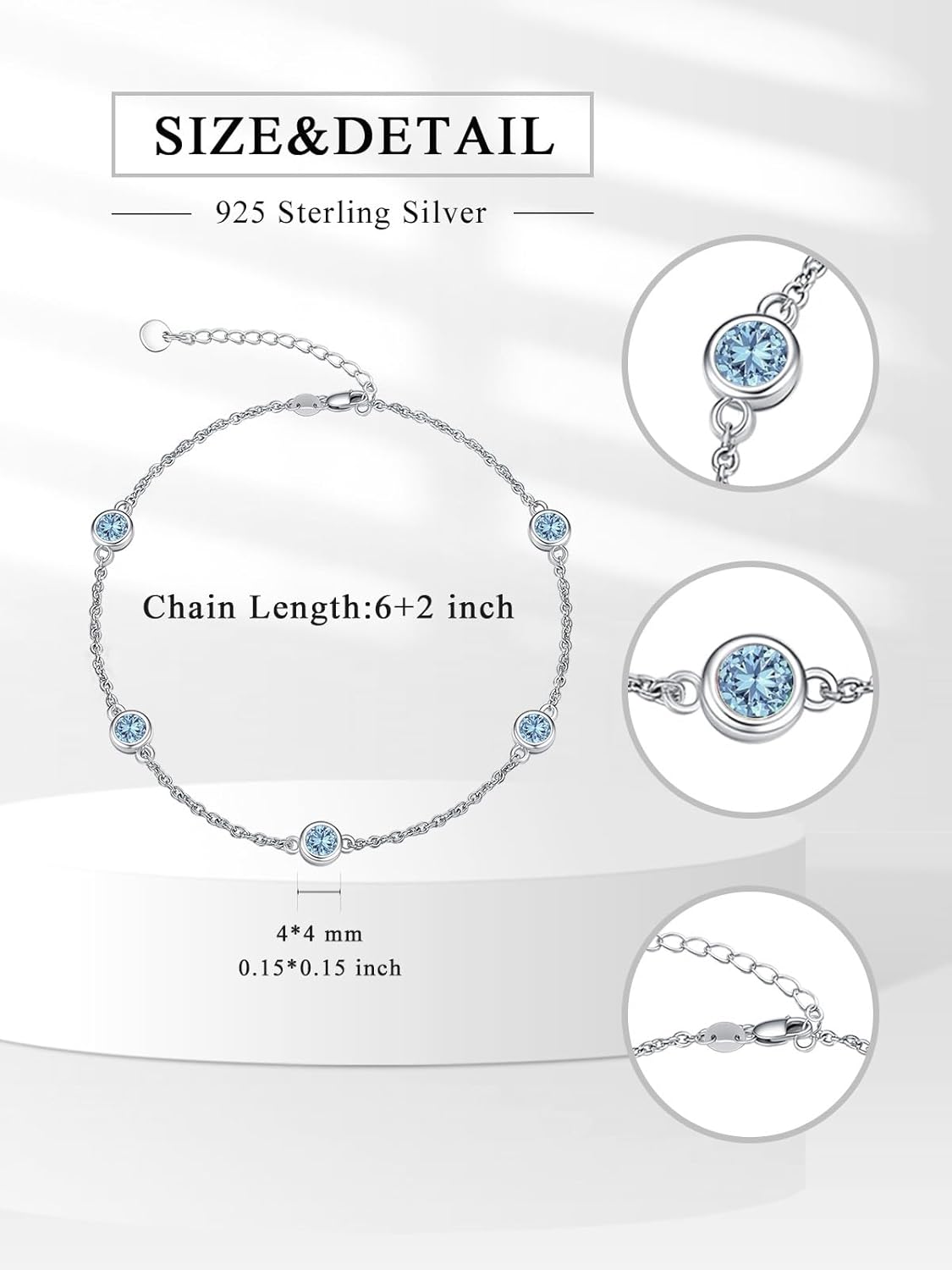 Dorunmo Heart Birthstone Bracelets 925 Sterling Silver Round Birthstone Anklet for Women Birthday Jewelry Gifts for Girlfriend Wife Mother Her