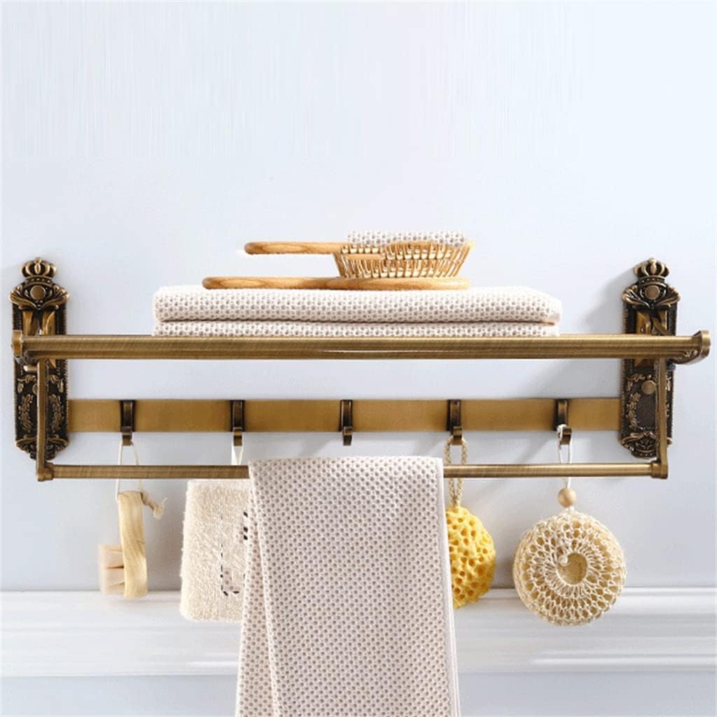 Aluminum Foldable Antique Brass Bath Towel Rack Active Bathroom Holder Shelf with Hooks Accessories