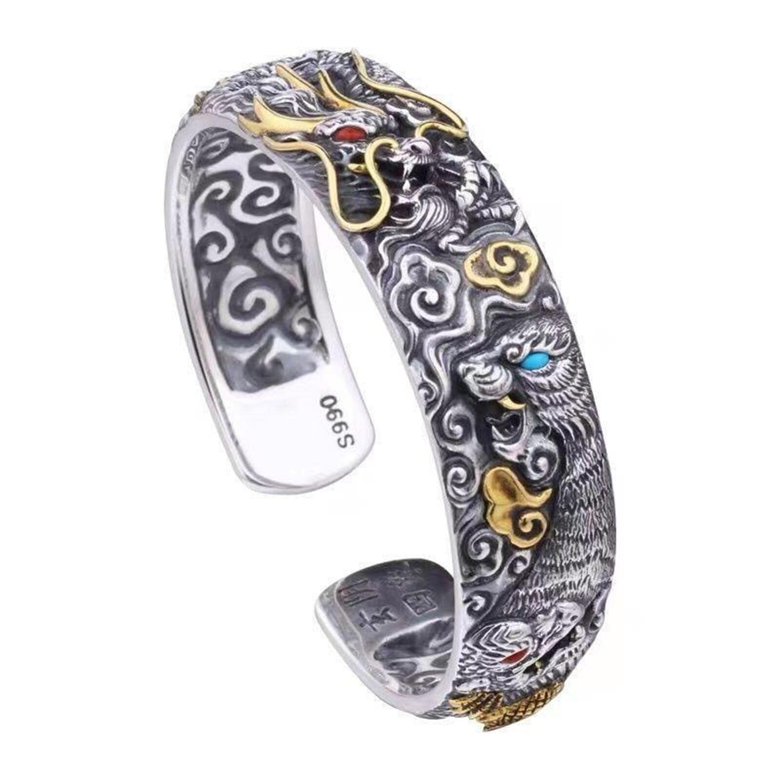 Feng Shui Dragon Fortune Bangle,Green Dragon - White Tiger - Vermilion Bird - Xuanwu - 4 Divine Beasts Pattern Open Bracelet