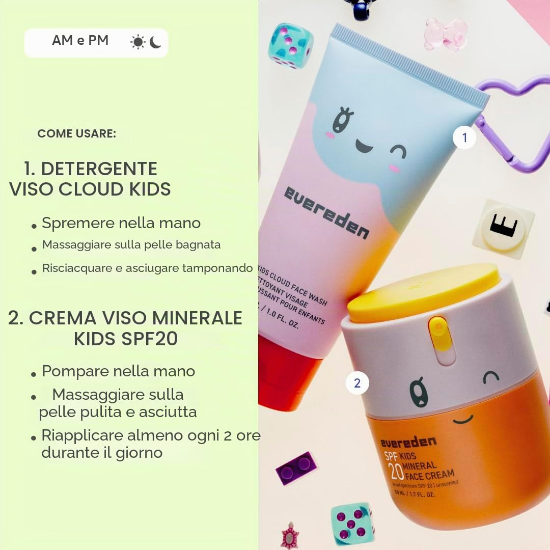 Kids Happy Morning DUO: set per la cura della pelle pulita e vegana per bambini, detergente viso a nuvola per la cura della pelle + crema viso minerale SPF 20, atossica, non comedogenica, divertente