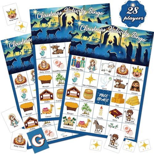 moon boat 28players christmas bingo game nativity cards set for kids, adults, family, large group, xmas holiday party