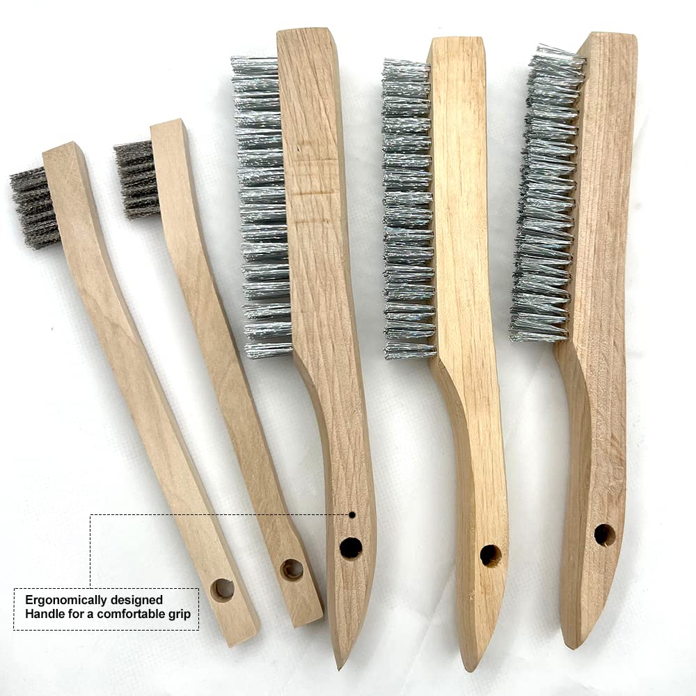 NICAVKIT 5-Piece Hand Wire Brush Set, Wire Brushes with Wooden Handle, 3xLarge Stainless Steel Brushes 250 mm - Image 2