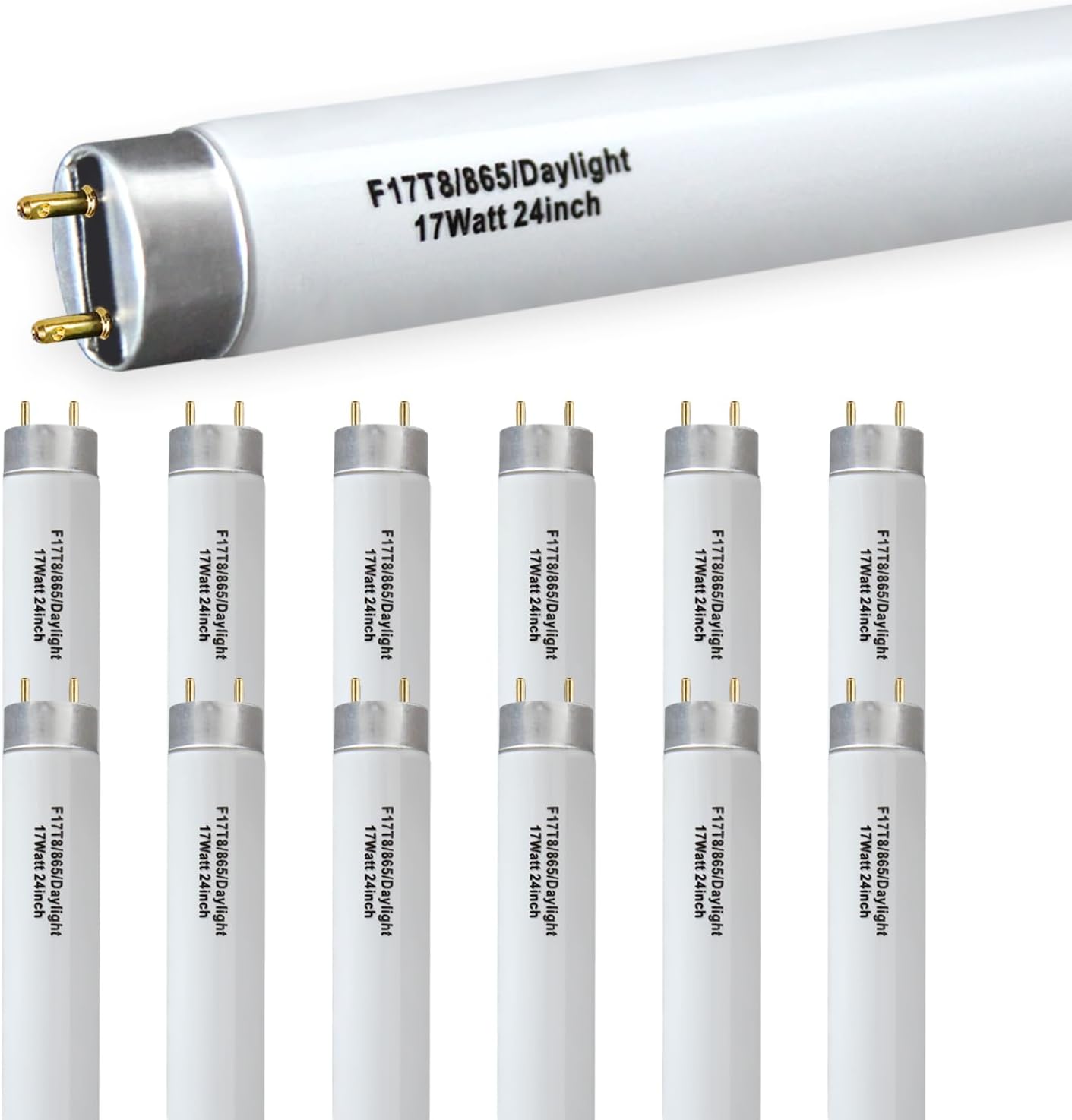 12 Pack 17W 24in T8 Bright White Fluorescent Tube, F17T8/865 6500K Daylight,2 Foot T8 Linear Fluorescent Lamp,Medium Bi-Pin (G13) Base,1350 Lumens