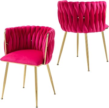 Upholstered Velvet Dining Chairs Set of 2, Modern Living Room Chair with Woven Back and Golden Metal Legs, Mid-Century Accent Side Chair for Dining Room, Living Room, Kitchen, Vanity Room, Red