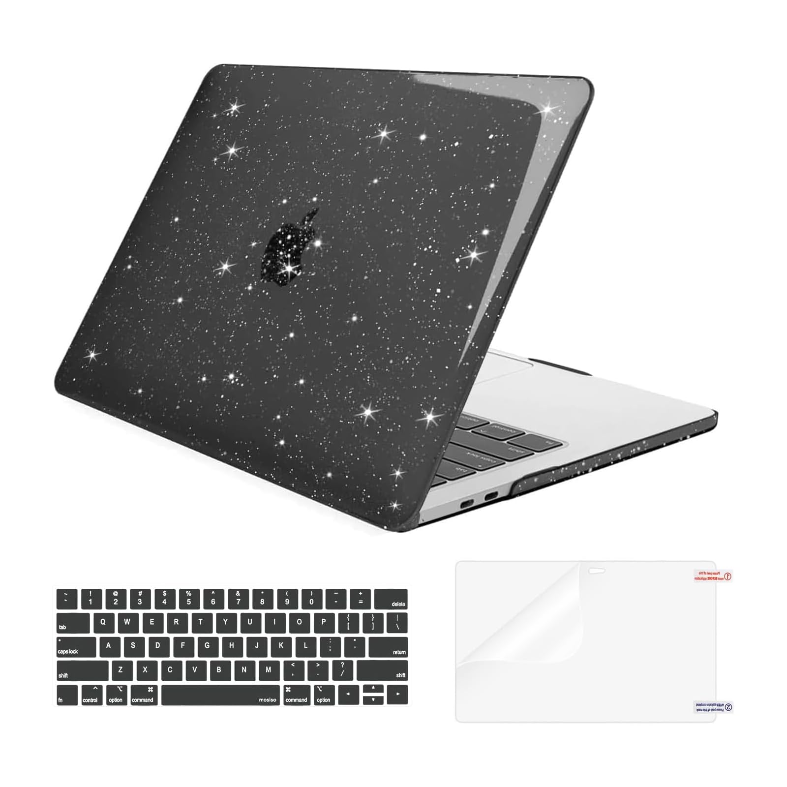 MOSISO Compatible with MacBook Pro 13 inch Case M2 2025, 2024, 2023-2016 A2338 M1 A2251 A2289 A2159 A1989 A1708 A1706, Glitter Sparkly Plastic Hard Shell&Keyboard Cover&Screen Protector, Black
