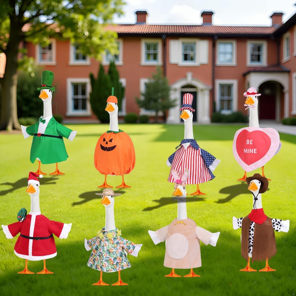 8 Set Porch Goose Outfit with Seasons Holiday Style, Goose Clothes with Multi-Themed Designs, Porch Decor for 23'' Geese Cement Garden Statue, Patio, Porch, Outdoor Decoration