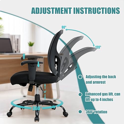 Miniatura 7 de Silla de oficina grande y alta para personas pesadas, silla de escritorio de computadora de 400 libras, asiento extra ancho, brazos ajustables,
