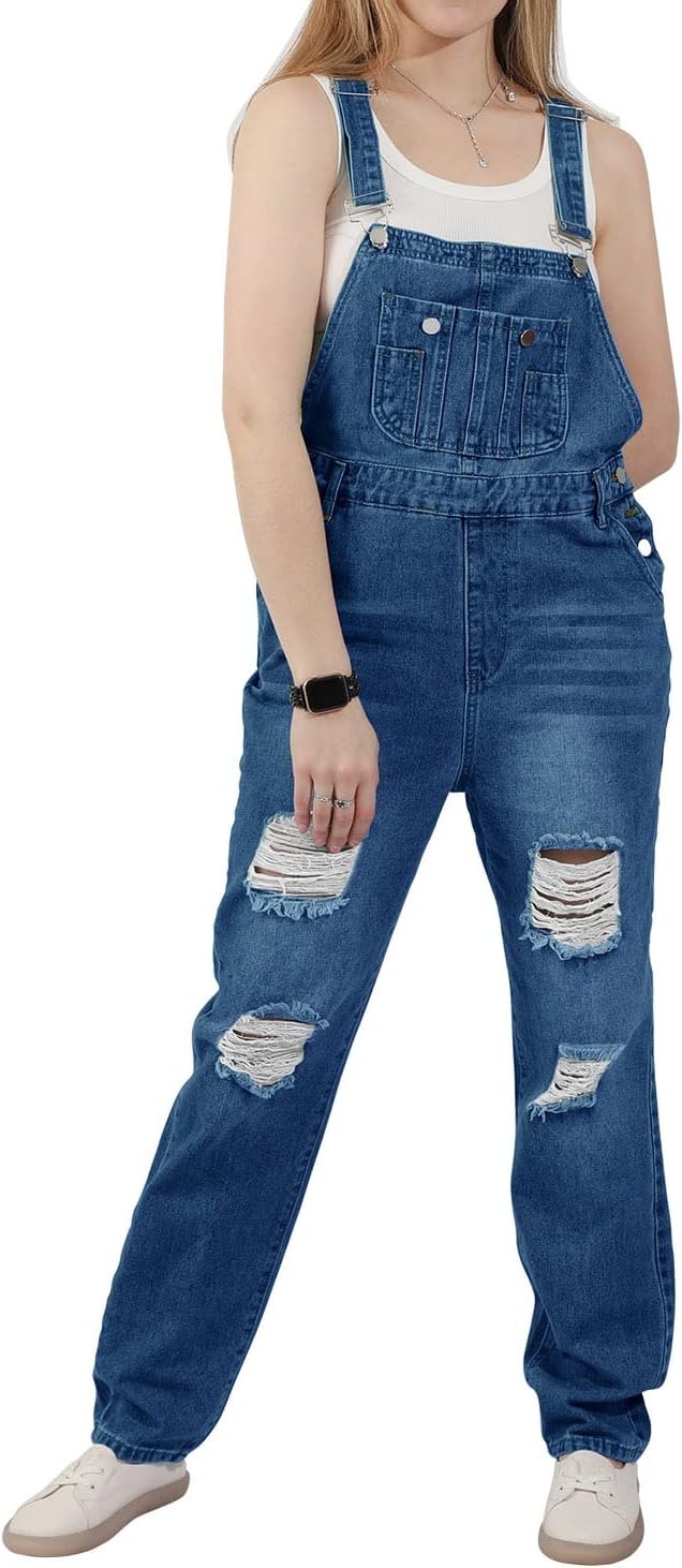 utcoco Women's Fashion Jean Bib Overalls Adjustable Straps Ripped Distressed Denim Denim Pants - Image 2