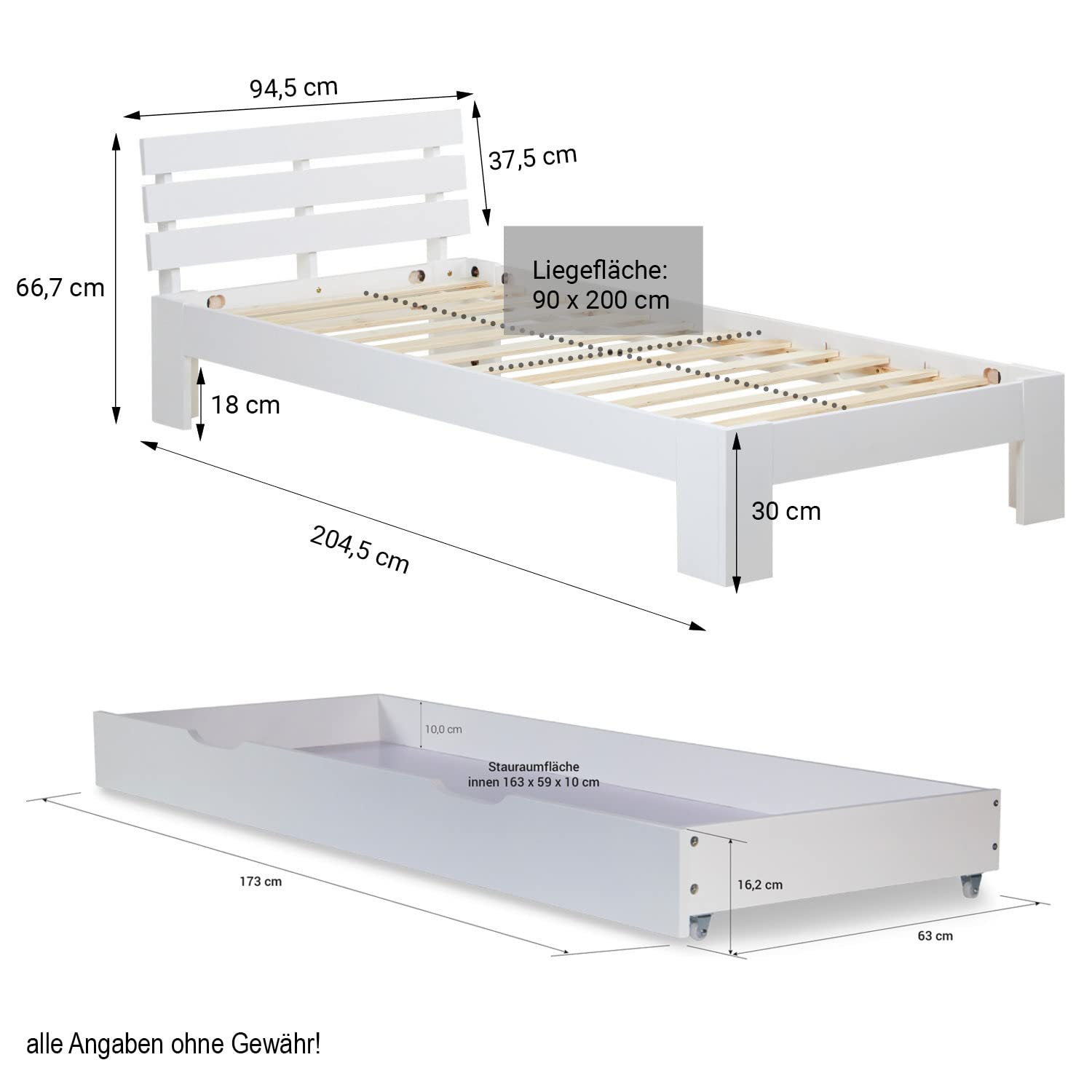Homestyle4u Holzbett 90x200 Weiß mit Lattenrost, Jugendbett Bettgestell mit Schubladen Stauraumbett, Massivholz Kiefer Einzelbett, 2291