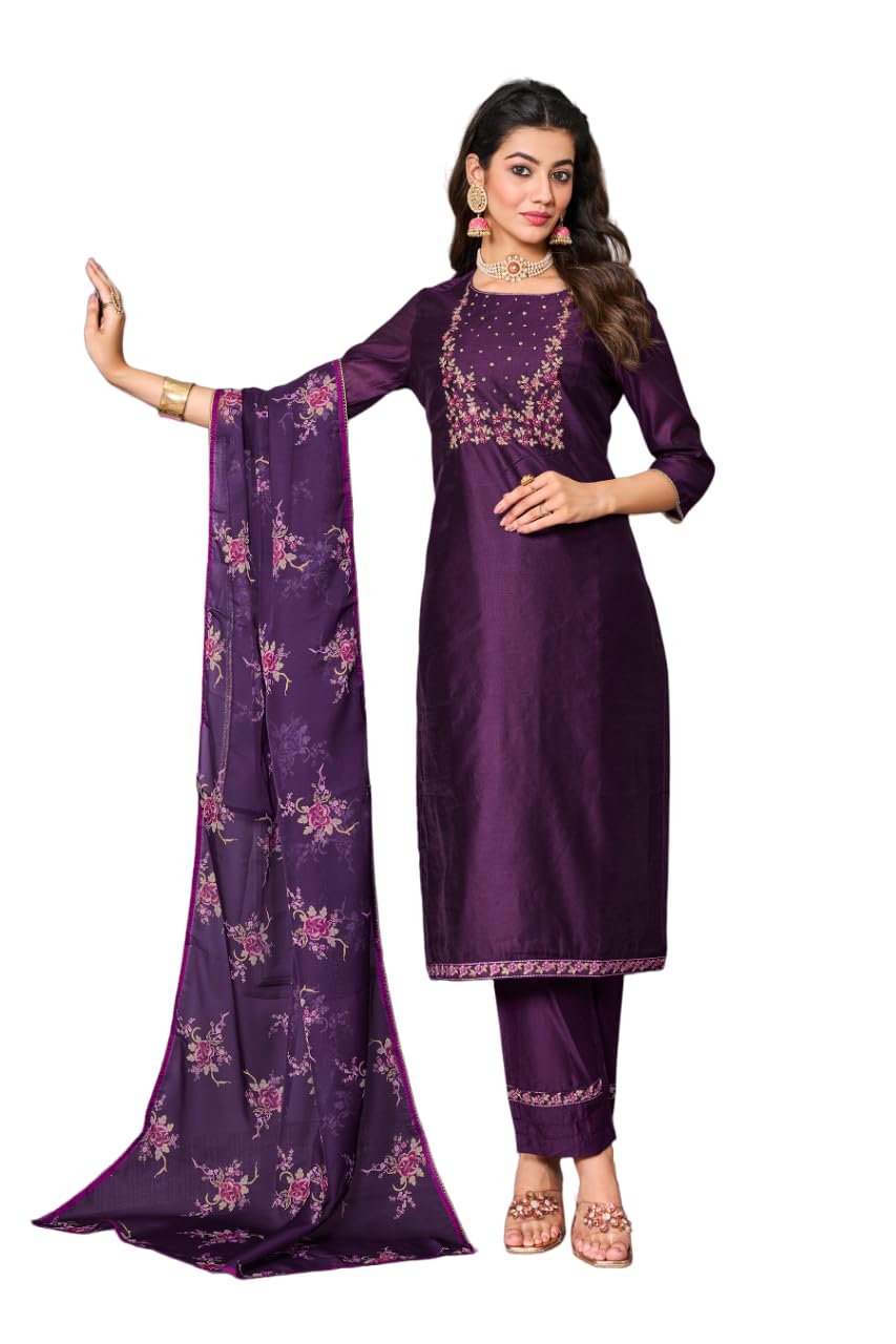 Sabril Women's Embroidery Work Cotton Silk Ethnic Wear 3/4 Sleeve Round Neck Latest Kurti (CT_1432)