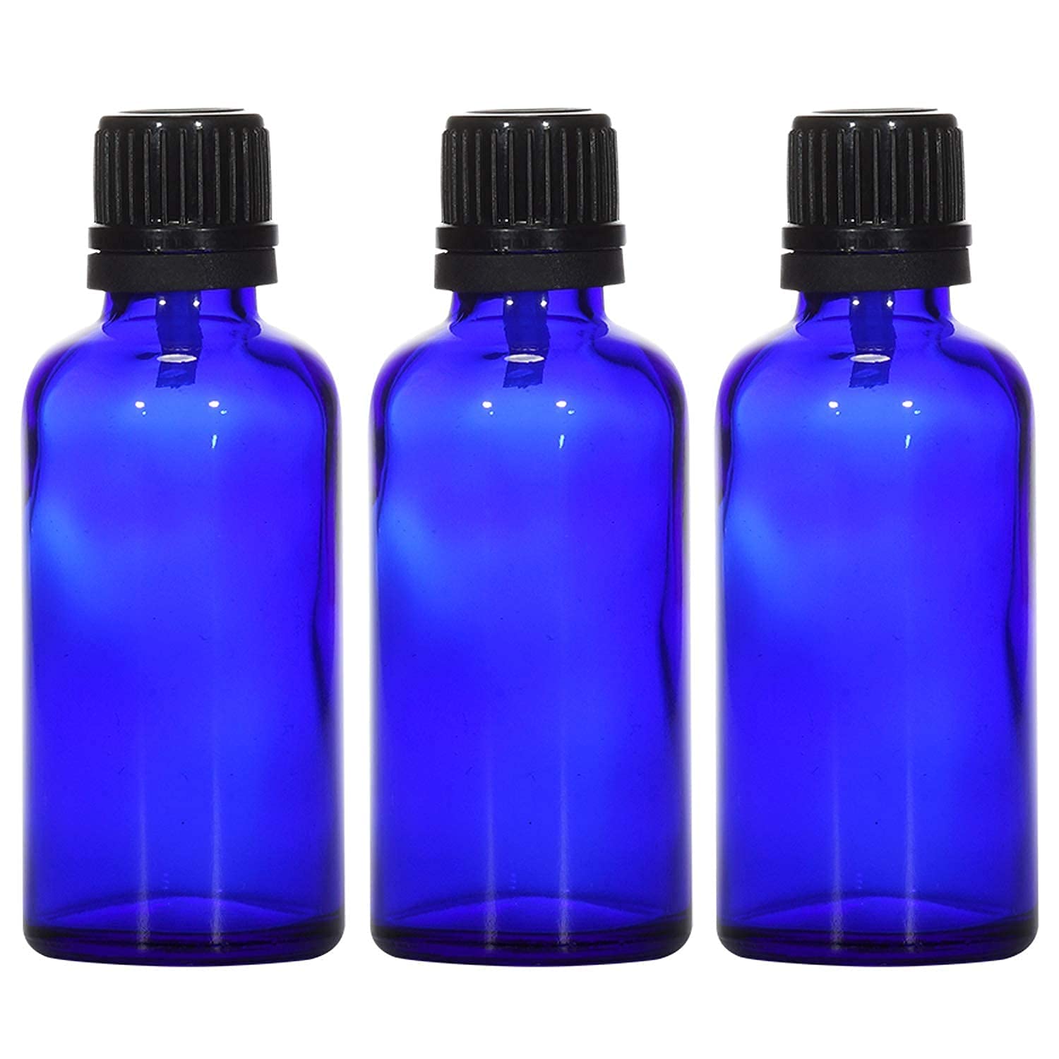 DINEMART WHOLESALE Pack of 24PCS 50ML Cobalt Blue Round Empty Glass Bottle with Black Cap & Inner White Stopper,Refillable/Reusable Bottle for EssentialOils,Blends,DIY Perfumes,Face Oils100%LEAK PROOF
