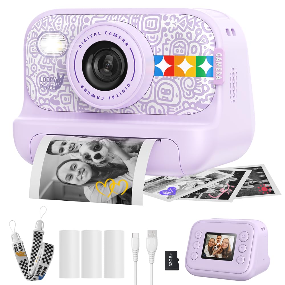 Instant Print Camera for Kids, Birthday Gifts for Girls and Boys Ages 3-12 - 1080P Video Camera for Kids, Gift Ideas for Boys Ages 3 4 5 6 7 8 9 10 11 12 - Girls' Gifts for Christmas/Holidays - Purple
