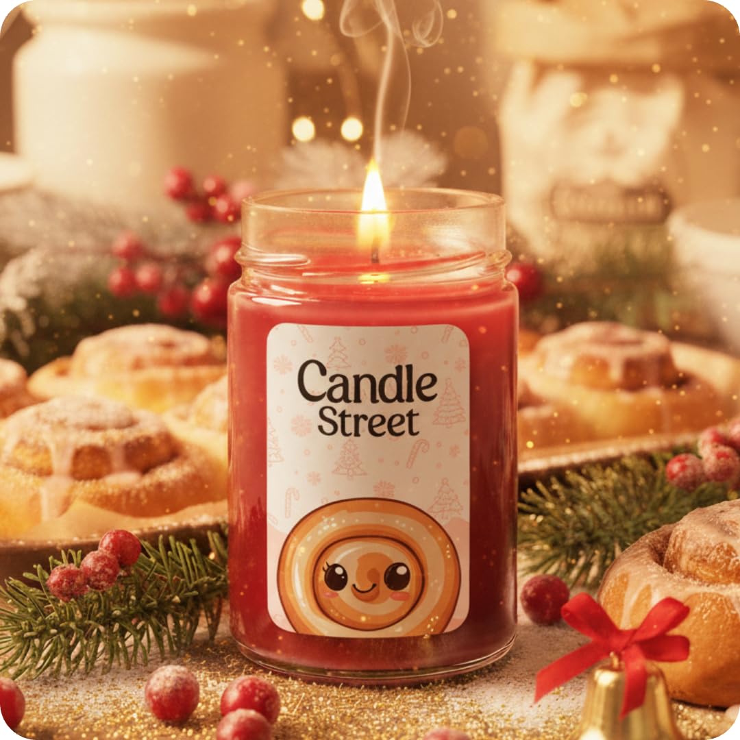 Candle Street Vela perfumada de cinnamon roll, 500 g, canela, vainilla y almendra, colección de postre navideño, vela grande de cristal, 120 h de combustión | regalo perfecto para fiestas de Navidad