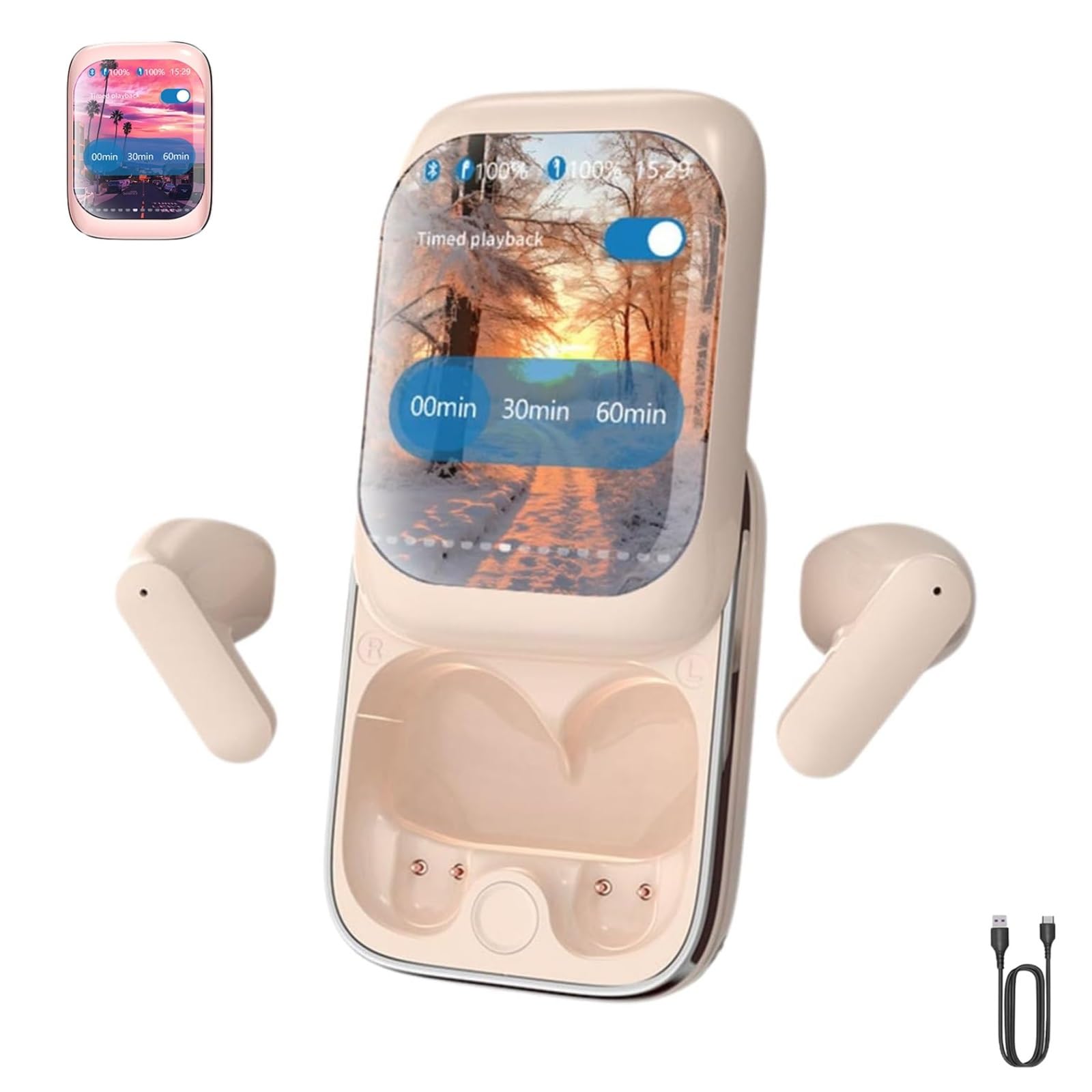 2024 New Intelligent Full-Color Touch Screen Slider Earphones, Touch Screen Earbuds, Slide Tws Earphones Wireless Bluetooth 5.3, With Music/Game Modes (Pink)