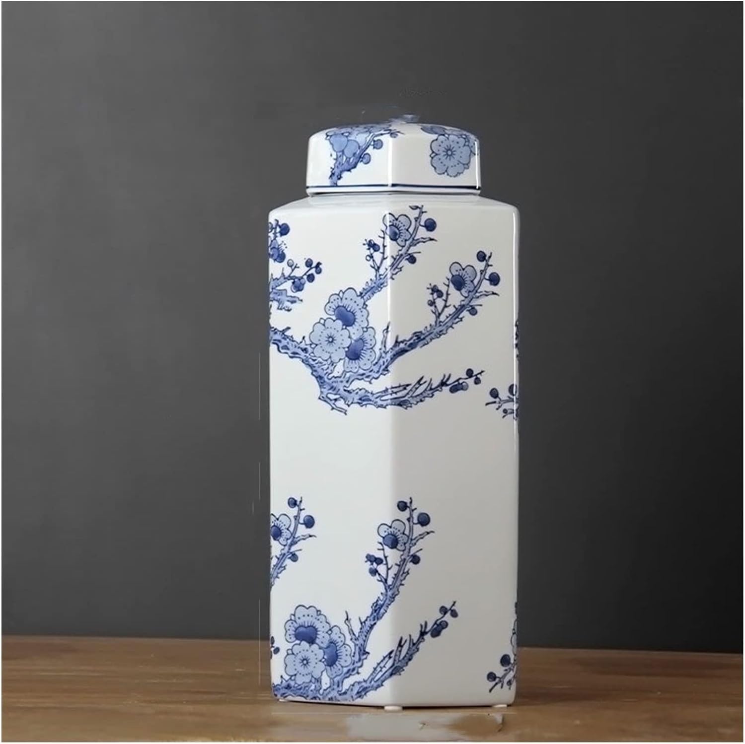 Vase Desktop Painted Tetragonal Ceramic Vase Chinese Blue White Porcelain Plum Blossom Relief Craft Tall Floor Vases for Living Room